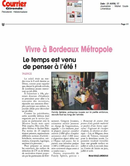 Family Sphere dans le Courrier Gironde le 21 avril 2017