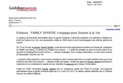 Family Sphere dans les Echos de la Franchise le 14 mai 2017