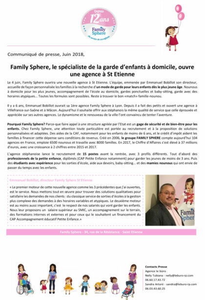Family Sphere, le spécialiste de la garde d’enfants à domicile, ouvre une agence à St Etienne