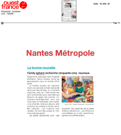 Ouest France : Family Sphere recrute cinquante-cinq nounous